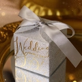 Sparkling silver wedding favor box with gold lettering and a satin ribbon bow - Small / Silver With Silver Ribbon