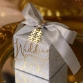 Silver glitter wedding favor box with a grey satin bow and golden 'Xi' charm decoration - Small / Silver With Silver Ribbon And Wedding Character
