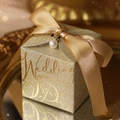 Sparkling champagne gold square wedding favor box with satin bow and pearl pendant - Small / Gold With Gold Ribbon And Pearl