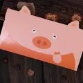 Cute pink cartoon pig envelope card for children greetings on a rustic wooden background - Piggy