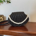 Elegante bolso de noche negro con forma de concha, purpurina y asa de perlas - Negro