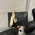 Chic black checkered tote bag with patterned scarf handle for women's daily commute - Black