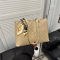 Khaki faux leather tote bag with checkered embossing and decorative black gold silk scarf - Khaki