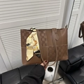 Brown PU leather tote bag with checkerboard patchwork and decorative silk scarf - Dark Brown