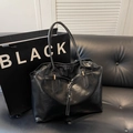 Classic black faux leather tote bag with large capacity and elegant gold buckle detail - Black