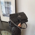 Black leather crossbody bag with all-over M letter print and silver chain strap - Black