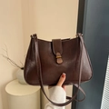 Vintage dark brown underarm bag in glossy leather with elegant gold metal buckle - Coffee