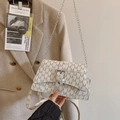 Chic beige crossbody bag with M-letter print, silver metal buckle and chain strap - White