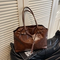Dark brown large capacity tote bag in glossy retro leather with metal eyelet strap - Coffee