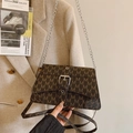 Dark brown underarm bag with M letter print and silver chain strap for women - Coffee
