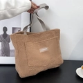 Brown sherpa tote bag with fashion pocket and sturdy grey handles for winter - Khaki