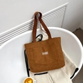 Brown fluffy teddy plush tote bag with fashion label and comfortable shoulder strap - Dark Brown