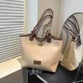 Minimalist beige and brown large tote bag with knotted cord handles and fashion label - Khaki