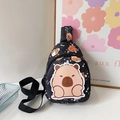 Kids black crossbody chest bag featuring cute cartoon Capybara print and large patch - Black