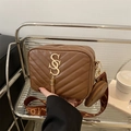Brown quilted camera bag with gold SSS logo, wide jacquard strap and small round coin purse - Dark Brown