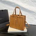 Caramel brown square tote bag with vertical stitching and detachable shoulder strap - Dark Brown