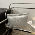Elegant silver satin clutch with butterfly embroidery, versatile makeup bag variant - Silver