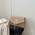 Beige faux leather shoulder bag with crocodile texture, gold tassels, and knot strap - Khaki