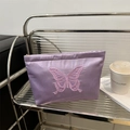 Elegant purple butterfly embroidered cosmetic bag in premium satin finish for women - Purple