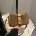 Vintage frosted dark brown crossbody bag with light brown leather trim and gold buckle - Khaki