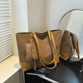 Vintage brown leather tote bag with blue lettering pattern and matching small pouch - Dark Brown