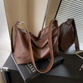Retro brown large capacity tote bag with smooth texture on art books with mirror reflection - Brown