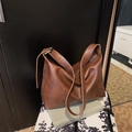 Brown large capacity PU leather tote bag with adjustable strap and vintage texture - Dark Brown