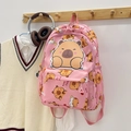 Pink high-capacity backpack with cute Capybara cartoon patterns and front pocket - Pink