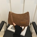 Borsa hobo vintage in tessuto marrone con tracolla in pelle e fibbia in metallo dorato - Marrone Scuro