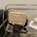 Chic beige crossbody bag with embossed SM letters and contrast wide shoulder strap - Khaki