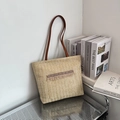 Bolso tote de paja tejida beige con flecos étnicos y correas de cuero marrón - Estilo 2 / Caqui