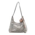 Minimalist grey nylon tote bag with clear display pocket and cute plush charm pendant - Single Bag / Silver