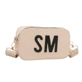 Creamy white camera bag with black SM patch and wide geometric woven shoulder strap - White