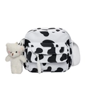 Checkered pattern nylon crossbody bag in cow print with a cute plush bear pendant - Bag / Cow