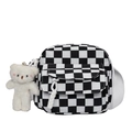 Checkerboard pattern nylon crossbody bag with white plush bear charm and front pocket - Bag / Black and White Plaid