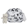 White canvas crossbody bag with black butterfly prints and a plush bear pendant - Bag / Black & White Butterfly