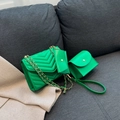 Three-piece green quilted chain shoulder bag set with mini coin purse and clutch - Green