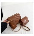 Brown quilted crossbody bag set with gold chain strap and detachable small pouches - Brown