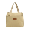 Borsa tote in tela beige con tasca esterna a zip e toppa sportiva in pelle - Patch in Pelle con Lettera (Stile 1) / Cachi