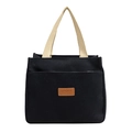 Borsa tote in tela nera con manici intrecciati beige e logo vintage su toppa di pelle - Patch in Pelle con Lettera (Stile 1) / Nero