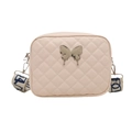 Quilted light pink crossbody bag with silver butterfly buckle and wide printed strap - White