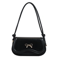 Elegant black underarm baguette bag with golden bow hardware and wavy flap design - Black