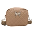 Quilted beige crossbody bag with silver butterfly accent and wide jacquard strap - Khaki