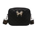 Black quilted crossbody bag with silver butterfly emblem and wide patterned strap - Black