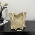 Grand sac cabas en paille tressée beige avec anses en corde et pompon décoratif - Avec Pendentif / Kaki
