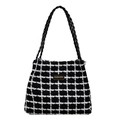 Bolso tote de lona a cuadros blancos y negros con asas tejidas y etiqueta de moda - Negro