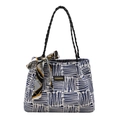 Sac cabas en tricot à rayures bleues et blanches avec anses noires et foulard décoratif - Bleu