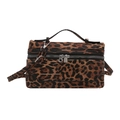 Stylish leopard print box bag with top handle and detachable strap on white background - Brown