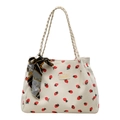 Bolso tote de pana blanco crema con estampado de fresas y bufanda de seda decorativa - Fresa Blanca