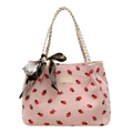 Bolso tote de pana rosa con estampado de fresas, asa trenzada y pañuelo decorativo - Fresa Rosa
